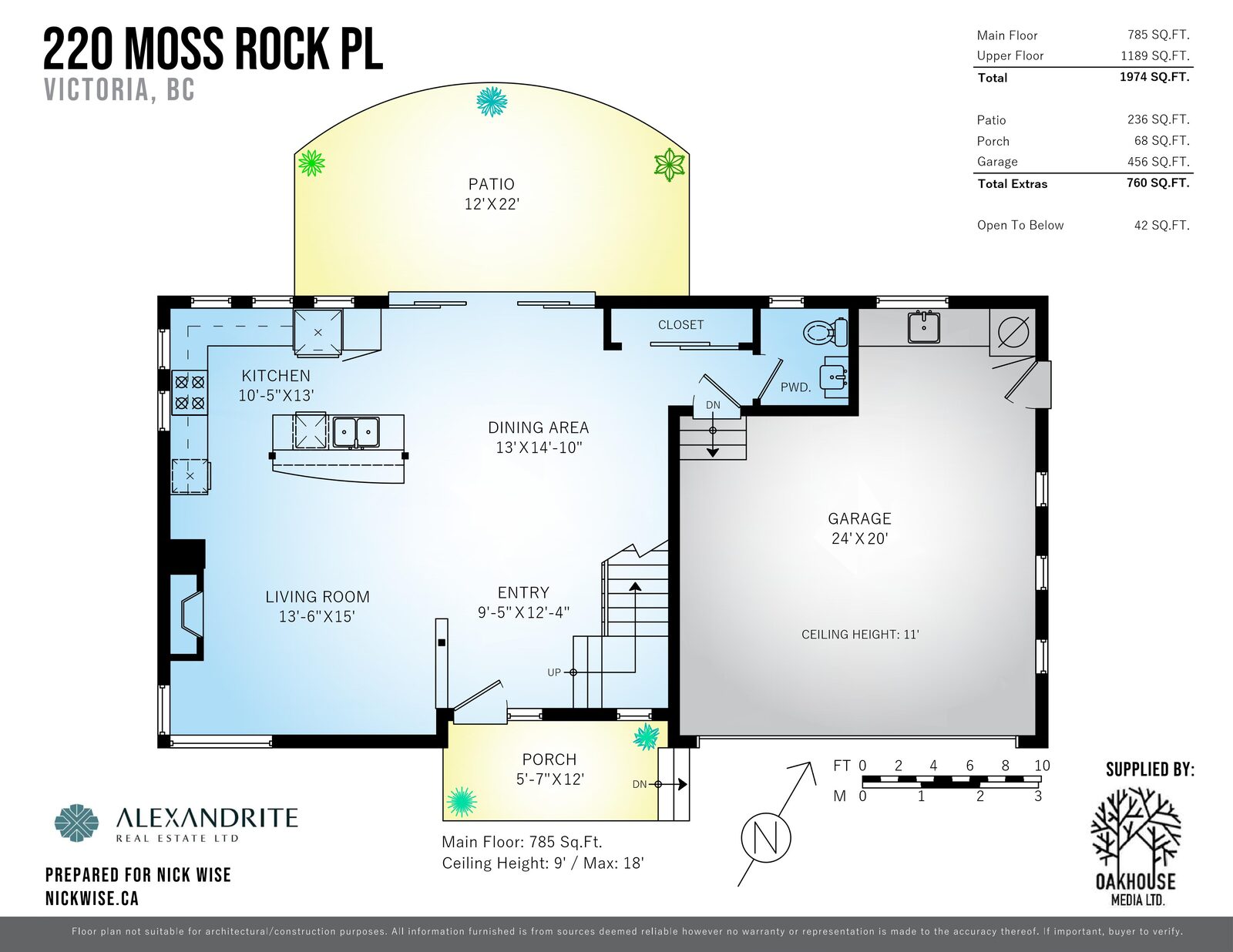 Main floor plan showing kitchen, dining area, living room, entry, and garage