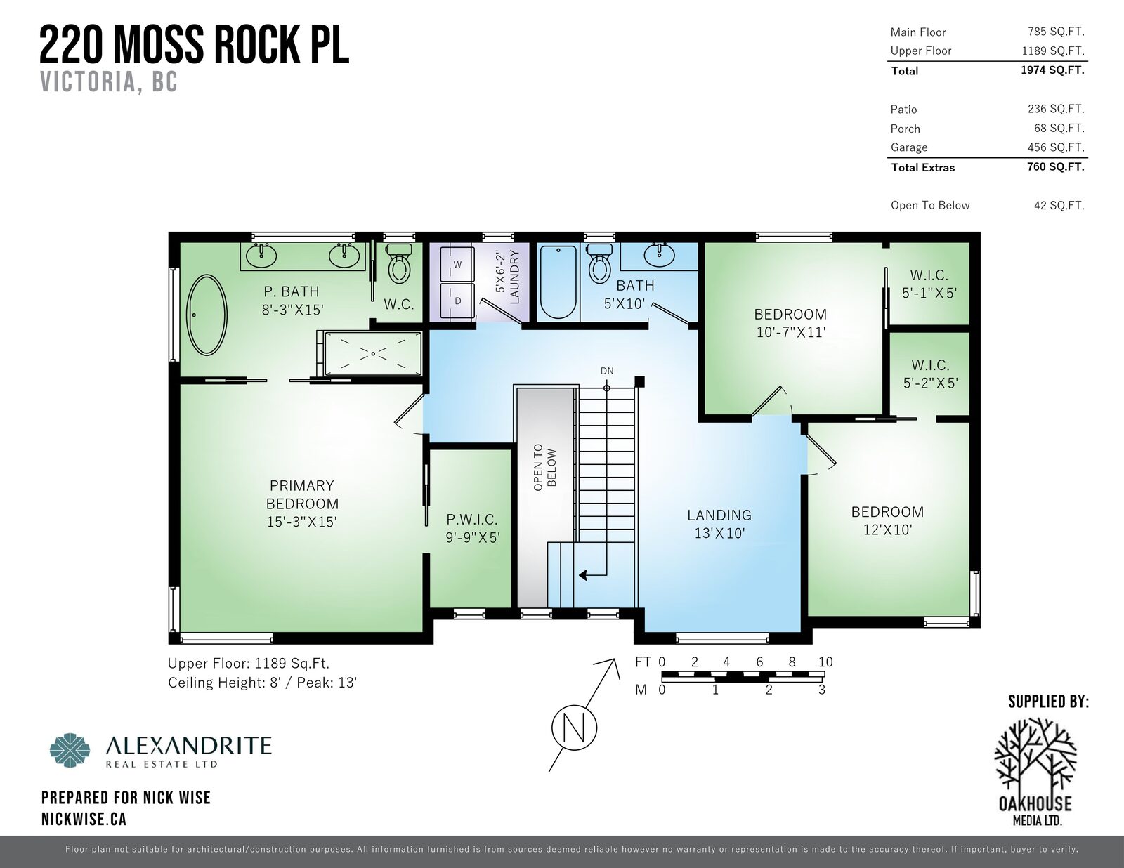 Upper floor plan showing primary suite, two bedrooms, main bath, laundry, and landing